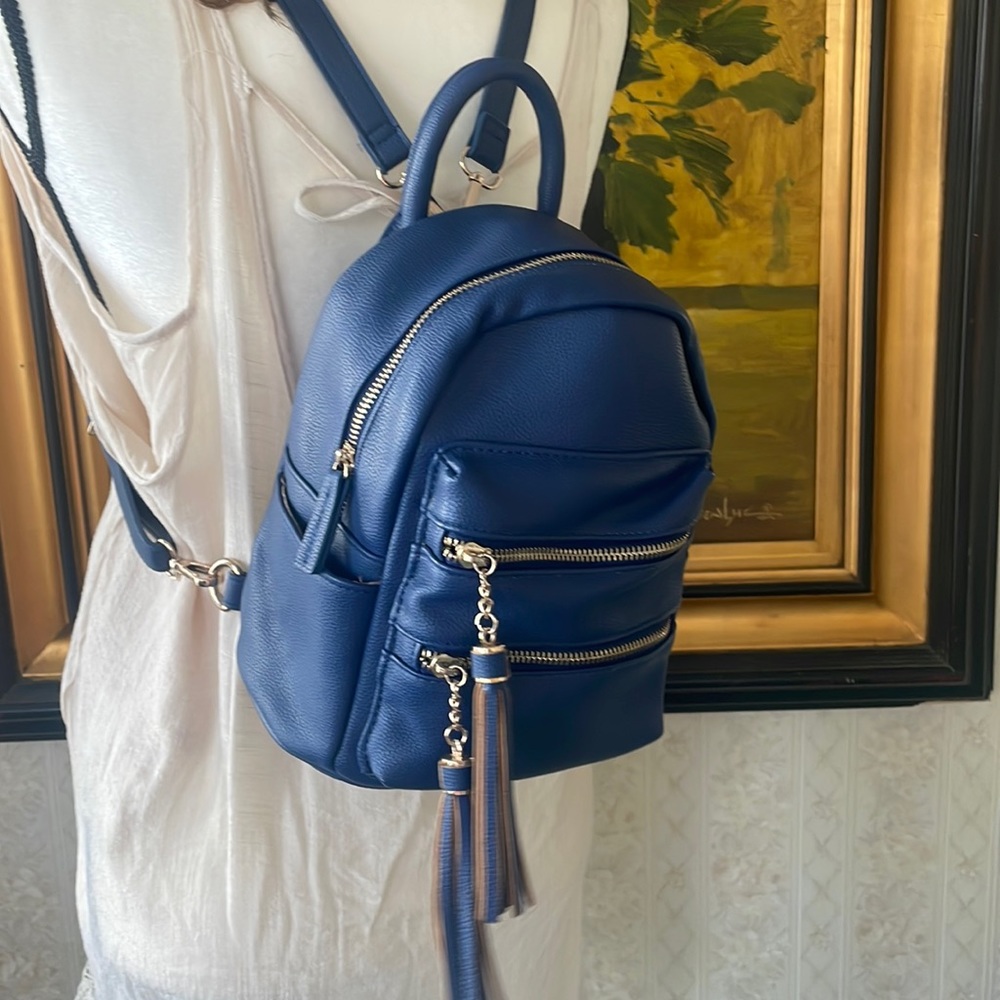 B Brentano vegan multi zipper top handle mini backpack navy blue
